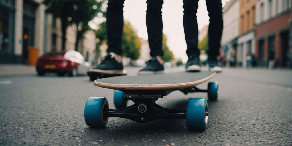 Smartphone zeigt Longboarding-App, Skateboard im Hintergrund