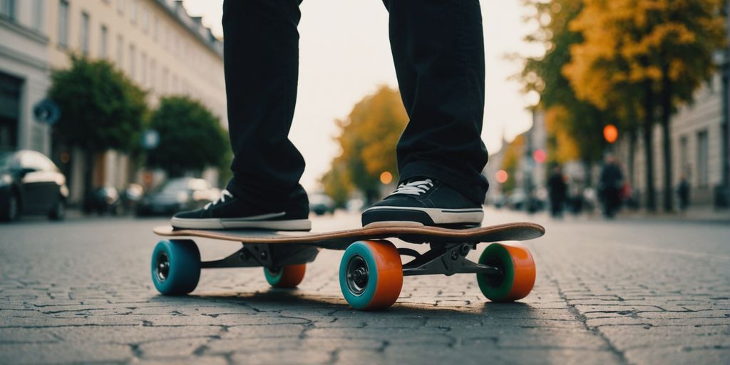 Bunte Longboards auf sonniger Straße, Menschen im Hintergrund.