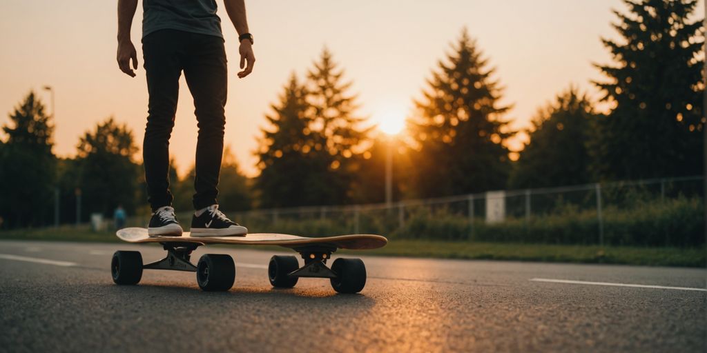 Longboarder fährt schnell einen Hügel hinunter bei Sonnenuntergang.