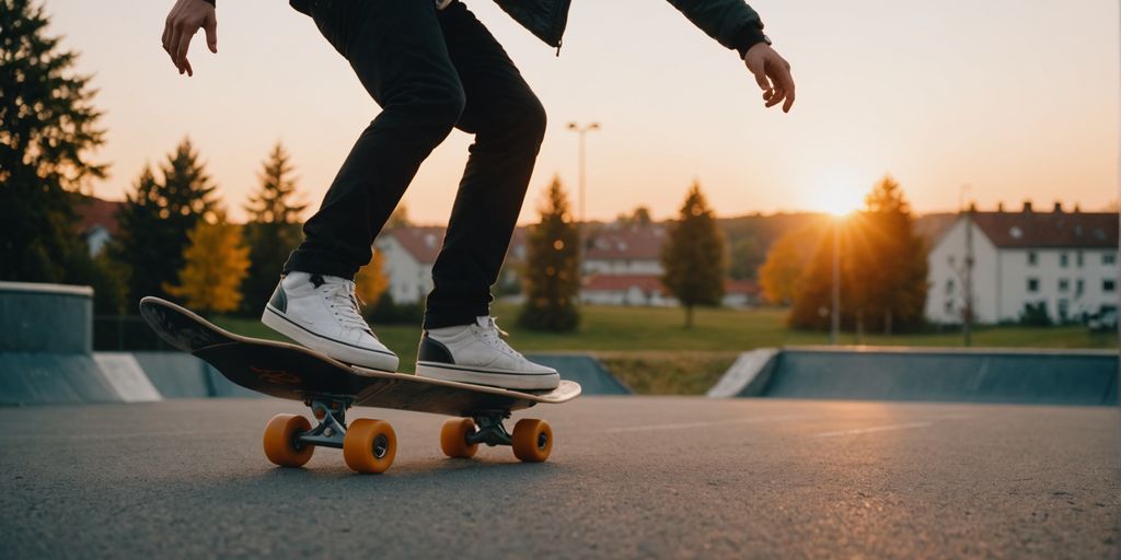 Skateboarder auf DIY-Rampe im Hinterhof bei Sonnenuntergang.