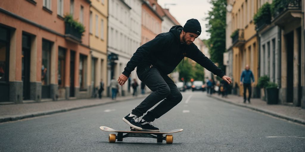 Longboarder auf Küstenstraße bei Sonnenuntergang
