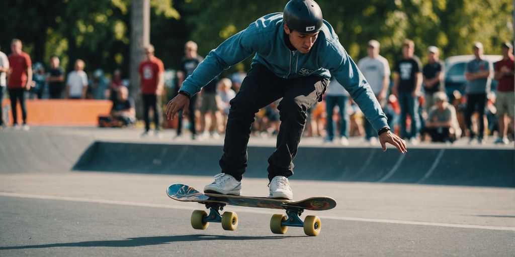 Skateboarder performing trick at longboarding event.