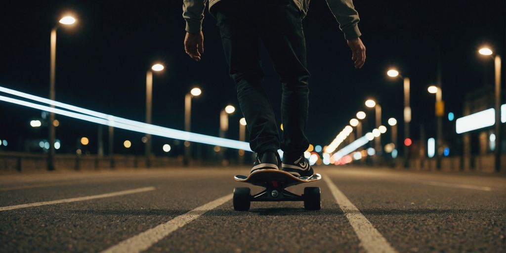 Longboarder bei Nacht mit reflektierender Ausrüstung unter Straßenlaternen