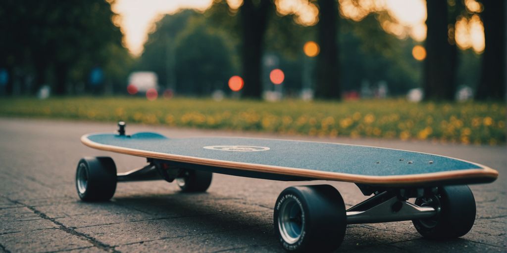 Verschiedene Longboards mit individuellen Designs aufgereiht.