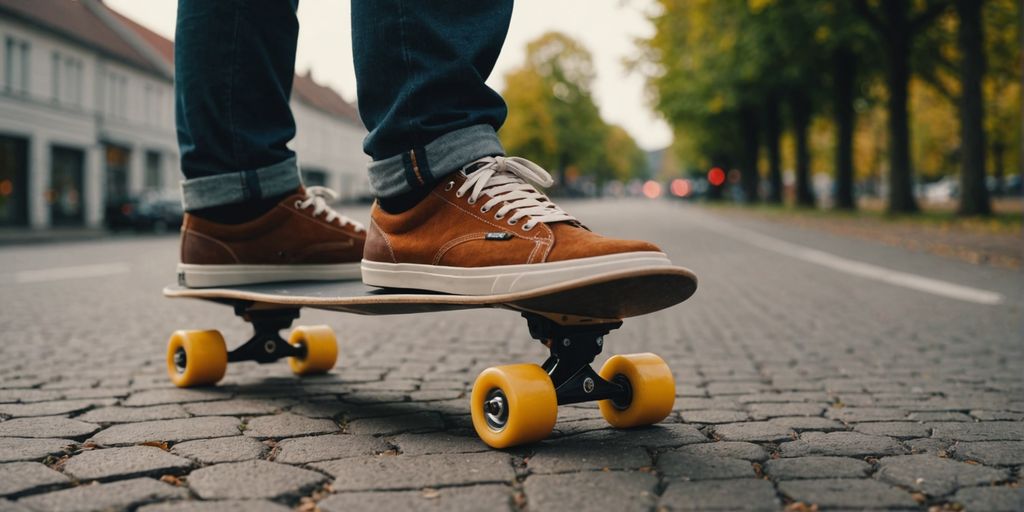 Nahaufnahme von Longboard-Schuhen auf einem Holzbrett.