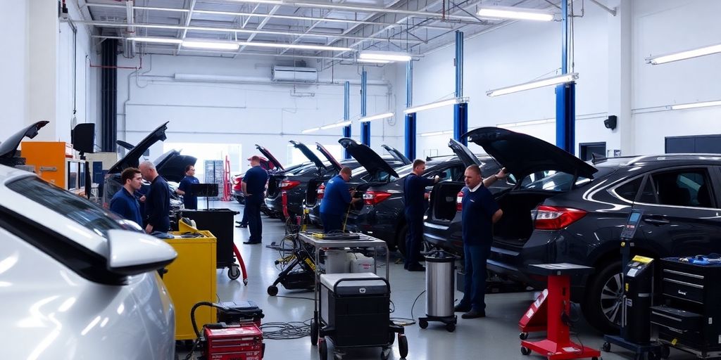 Werkstattmitarbeiter reparieren Autos in einer sauberen Werkstatt.