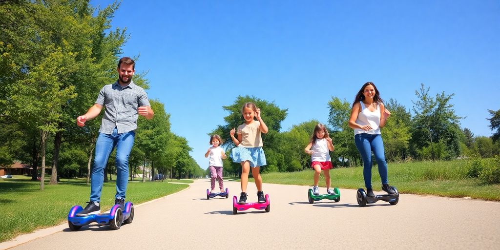 Familie fährt Hoverboards im Park