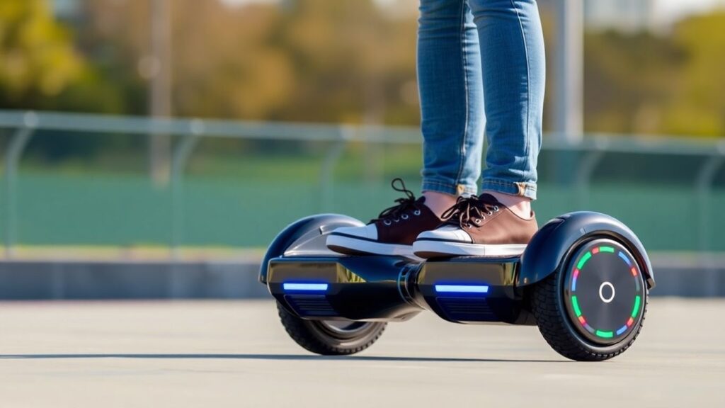 Anfänger lernt Hoverboard fahren im Freien.