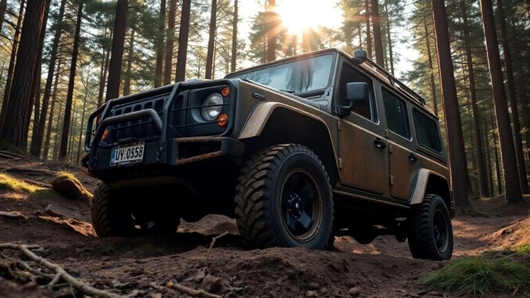 Geländewagen fährt auf Waldweg in Deutschland