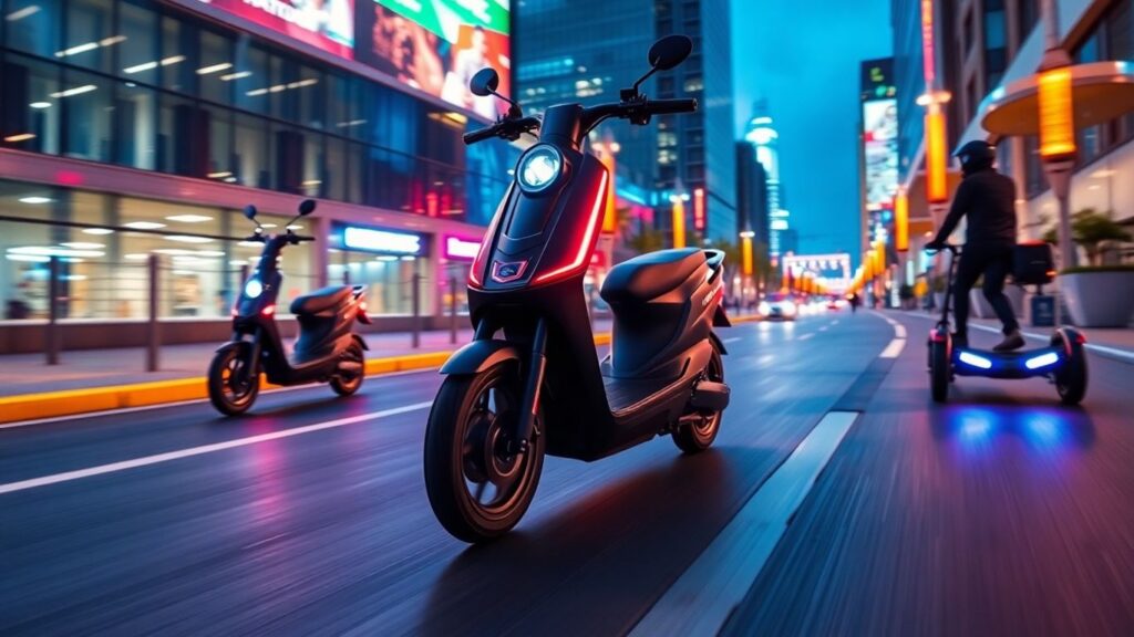 Elektroroller und Hoverboards in futuristischer Stadtlandschaft