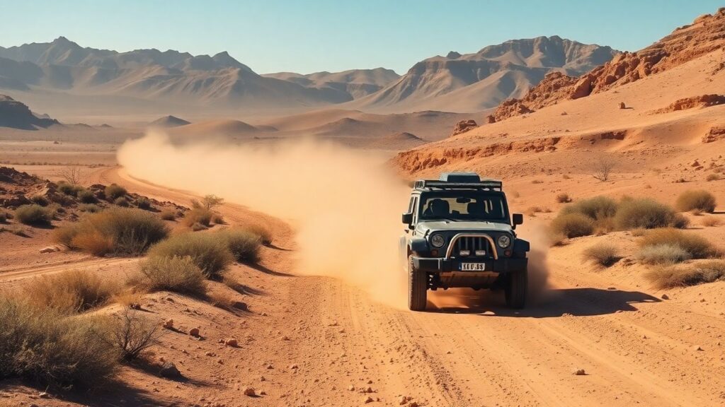 Geländewagen auf staubiger Piste in abgelegener Landschaft