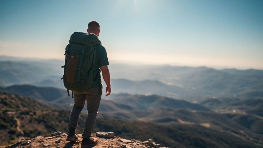 Rucksackreisender auf Berggipfel mit weitem Ausblick