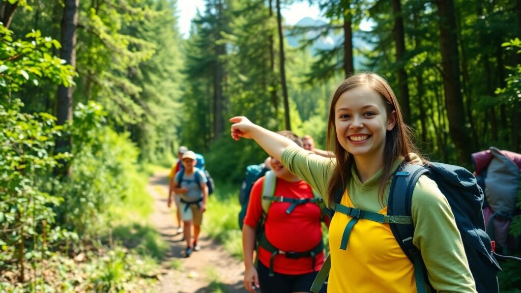 Schüler auf Wanderung im Wald mit Bergen